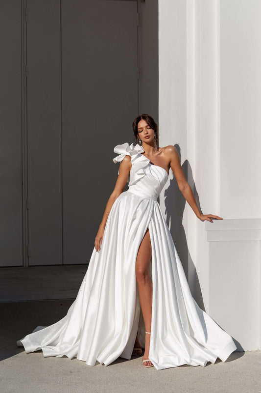 CIVAN Bridal Elegant Asymmetrical Mikado A-Line Wedding Dress – Custom Made Bridal Gown