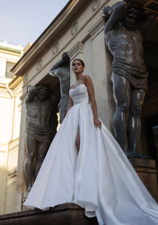 CIVAN Bridal Satin A-Line Wedding Dress with Off Shoulder Bow & Veil – Custom Made Bridal Gown