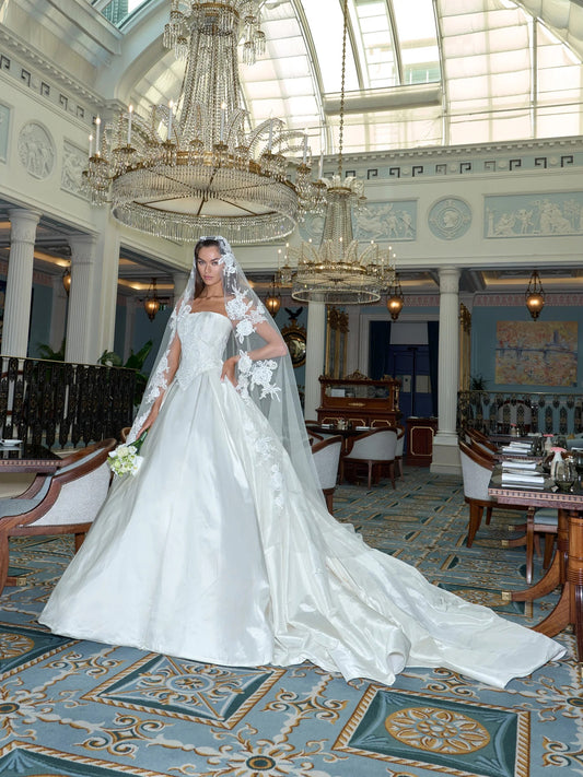 CIVAN Bridal Lenox Lace Corset Wedding Dress with Crystal & Pearl Appliqué – Elegant Custom Fit Gown