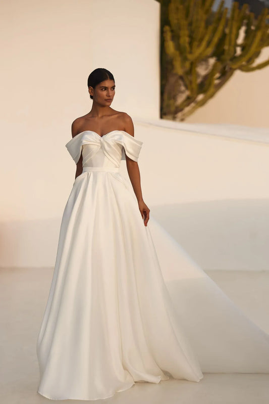 CIVAN Bridal Elegant Mikado Ballroom Wedding Dress with Open Shoulders and Slit – Custom Made Bridal Gown