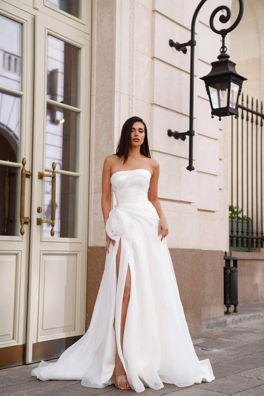 CIVAN Bridal Elysium – A-Line Organza Wedding Dress with Slit & Hip Drape | Custom Made Bridal Gown